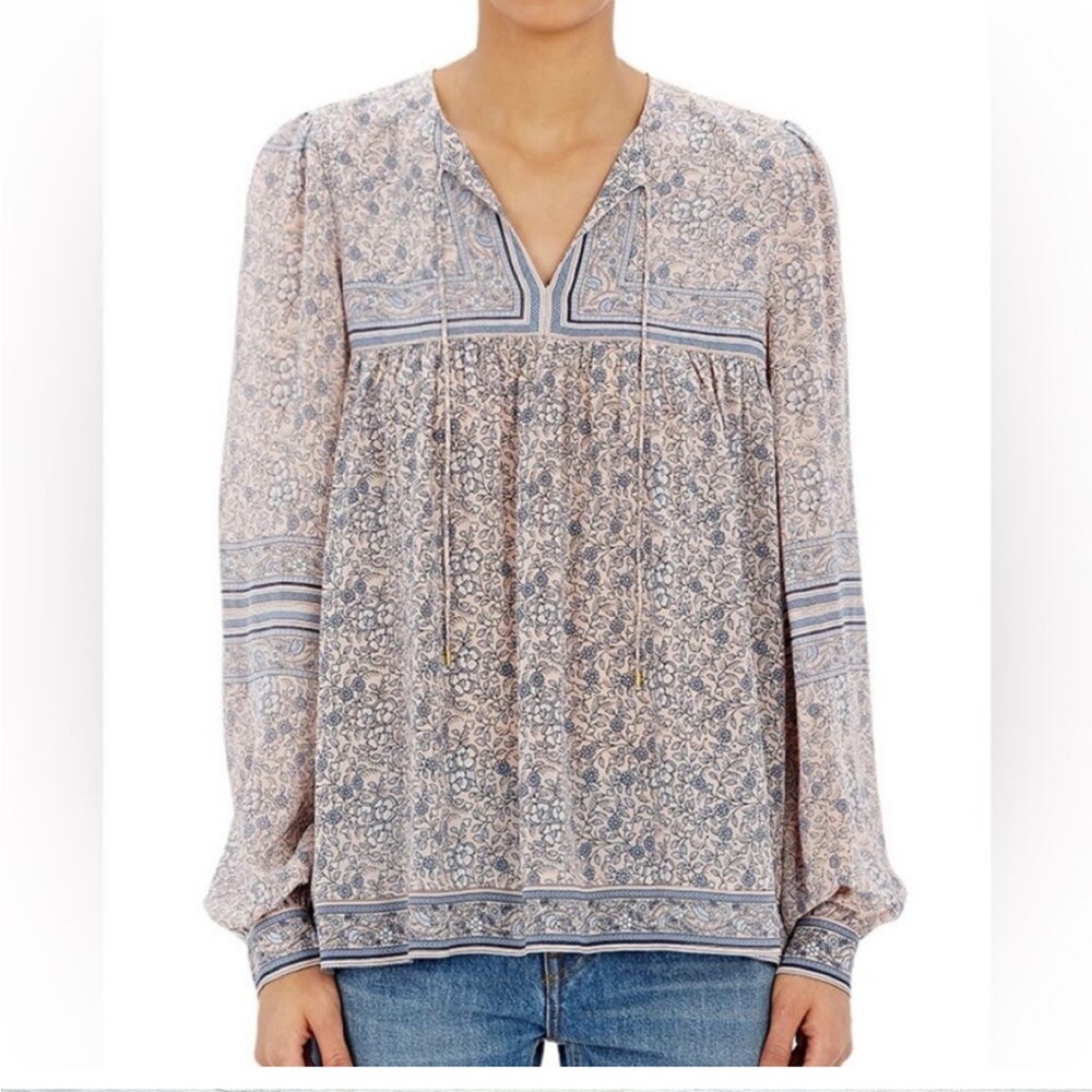 Ulla Johnson 100% Silk Long Sleeve Floral Blouse in Blue and Natural Size 0